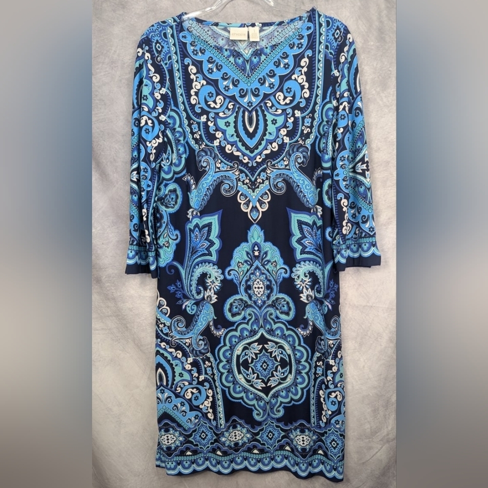 Chico's Size 1 (Medium Size 8) Dress In Navy/Blue/Turquoise Poly/Spandex Blend